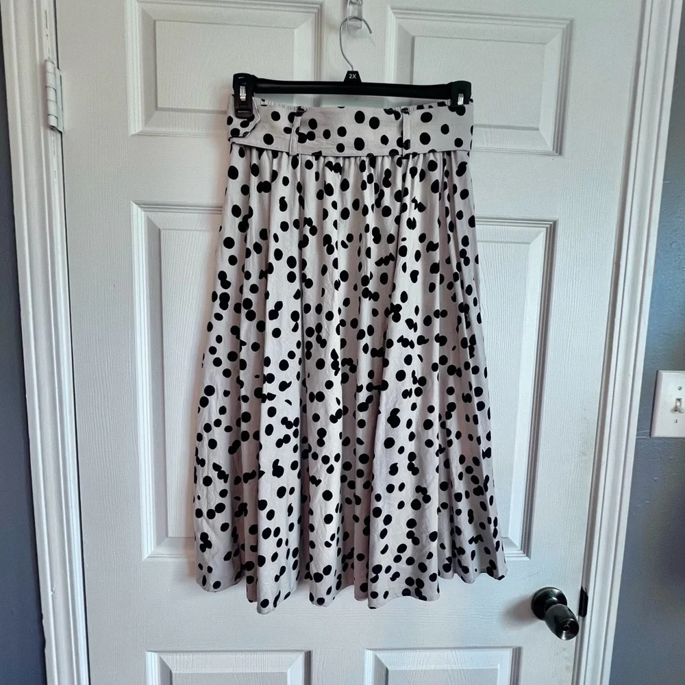 Tahari Belted Elastic Waist Black Beige Polka Dot Linen Blend Midi Skirt Women 8 - Picture 4 of 14